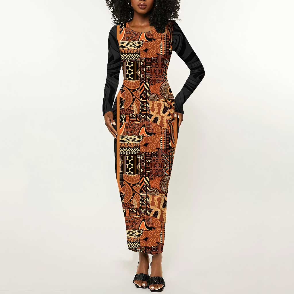 African Tribal Heritage Long Sleeve Bodycon Dress Earth Tone Pattern