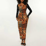 African Tribal Heritage Long Sleeve Bodycon Dress Earth Tone Pattern