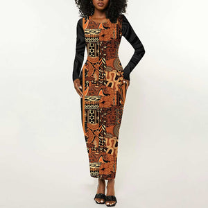 African Tribal Heritage Long Sleeve Bodycon Dress Earth Tone Pattern