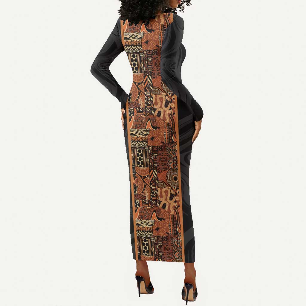 African Tribal Heritage Long Sleeve Bodycon Dress Earth Tone Pattern
