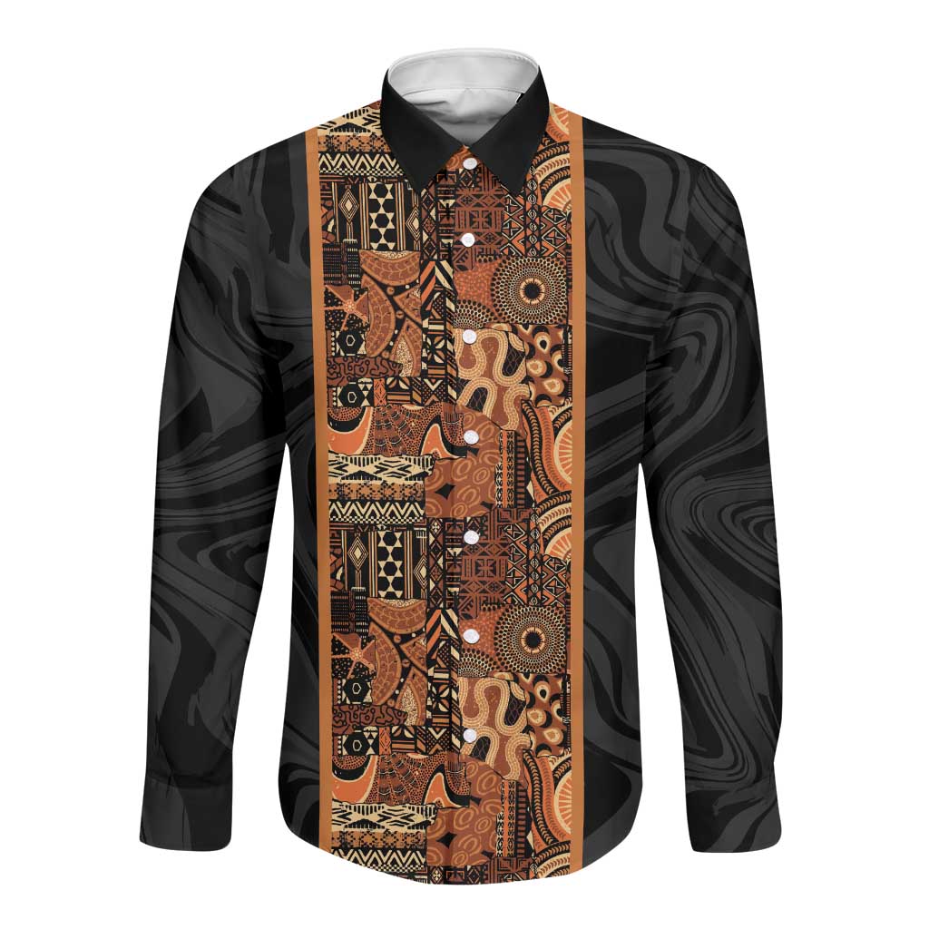 African Tribal Heritage Long Sleeve Button Shirt Earth Tone Pattern