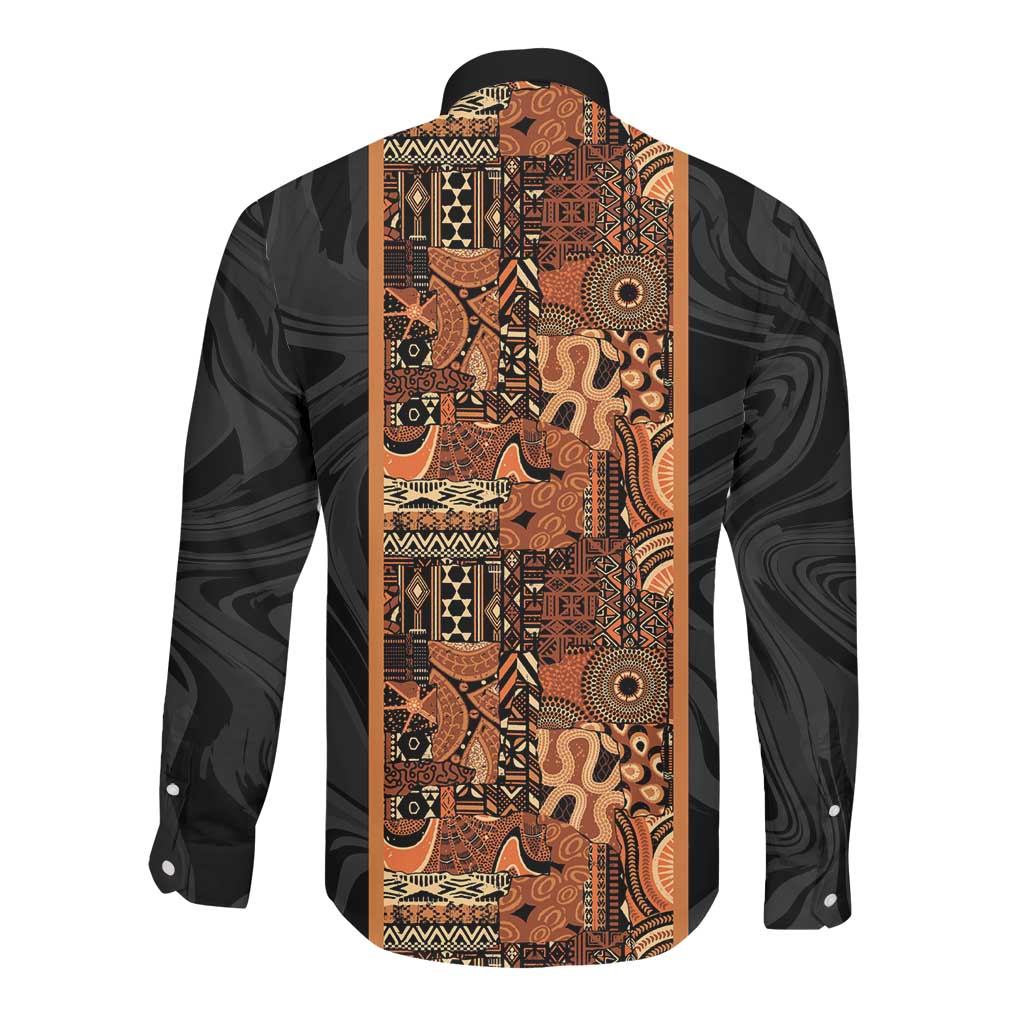African Tribal Heritage Long Sleeve Button Shirt Earth Tone Pattern