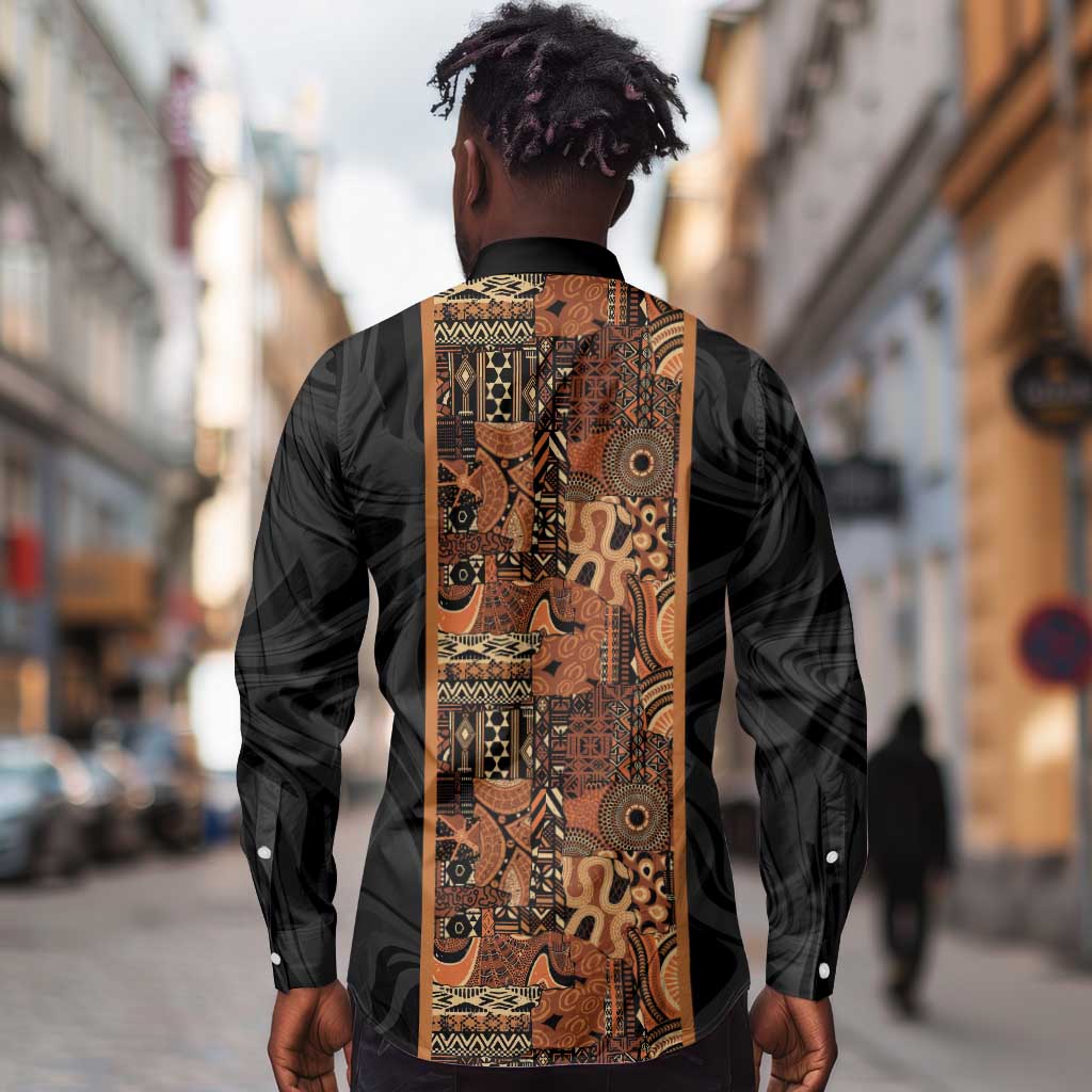 African Tribal Heritage Long Sleeve Button Shirt Earth Tone Pattern
