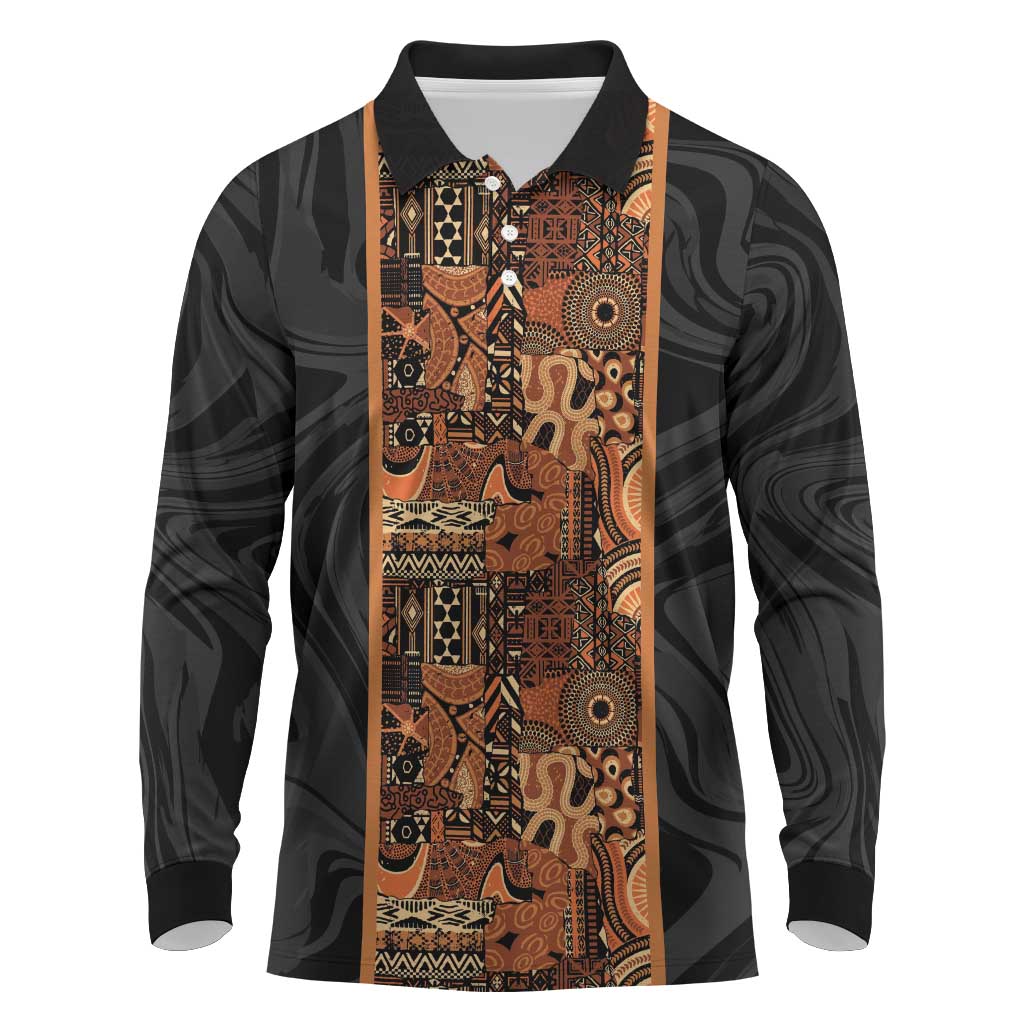 African Tribal Heritage Long Sleeve Polo Shirt Earth Tone Pattern