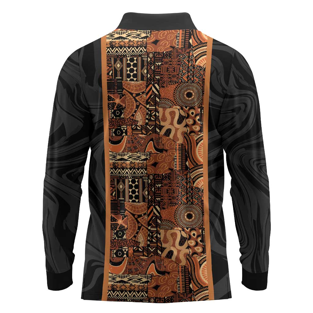African Tribal Heritage Long Sleeve Polo Shirt Earth Tone Pattern