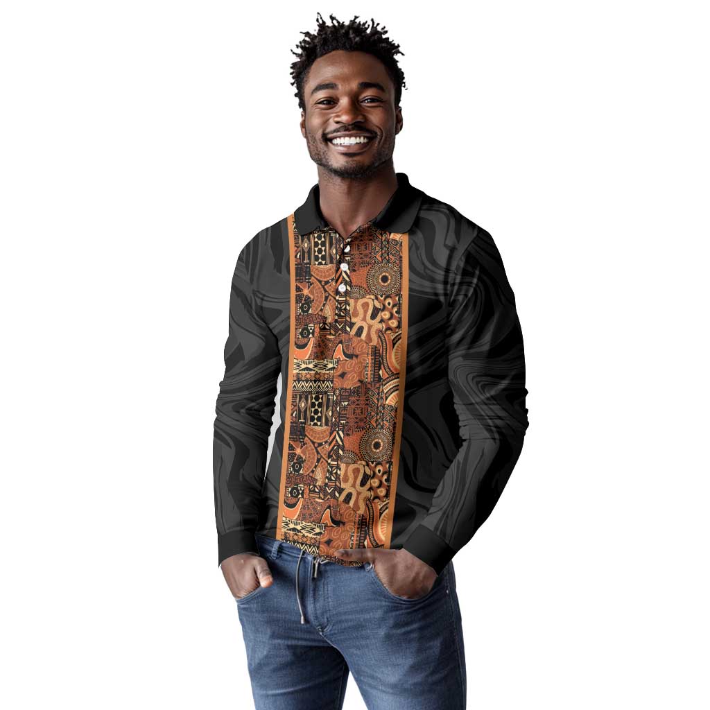 African Tribal Heritage Long Sleeve Polo Shirt Earth Tone Pattern