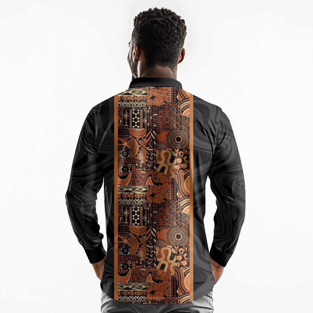 African Tribal Heritage Long Sleeve Polo Shirt Earth Tone Pattern
