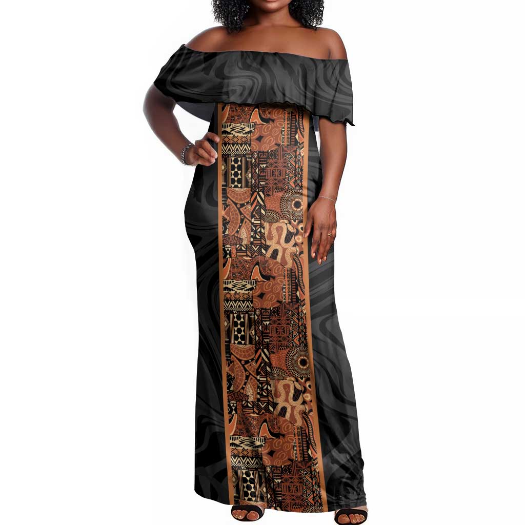 African Tribal Heritage Off Shoulder Maxi Dress Earth Tone Pattern