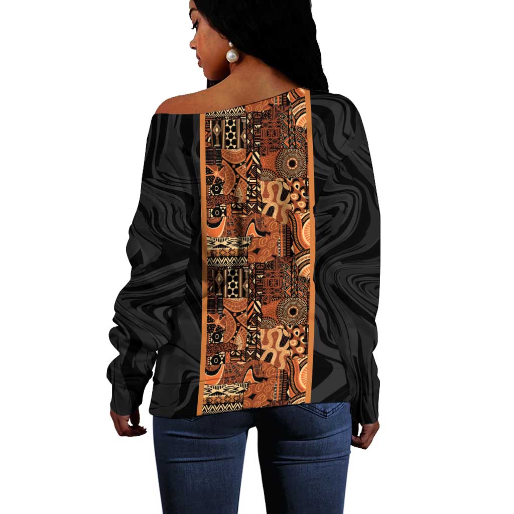 African Tribal Heritage Off Shoulder Sweater Earth Tone Pattern