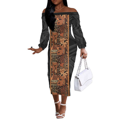 African Tribal Heritage Off The Shoulder Long Sleeve Dress Earth Tone Pattern
