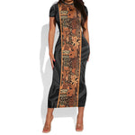 African Tribal Heritage Short Sleeve Bodycon Dress Earth Tone Pattern