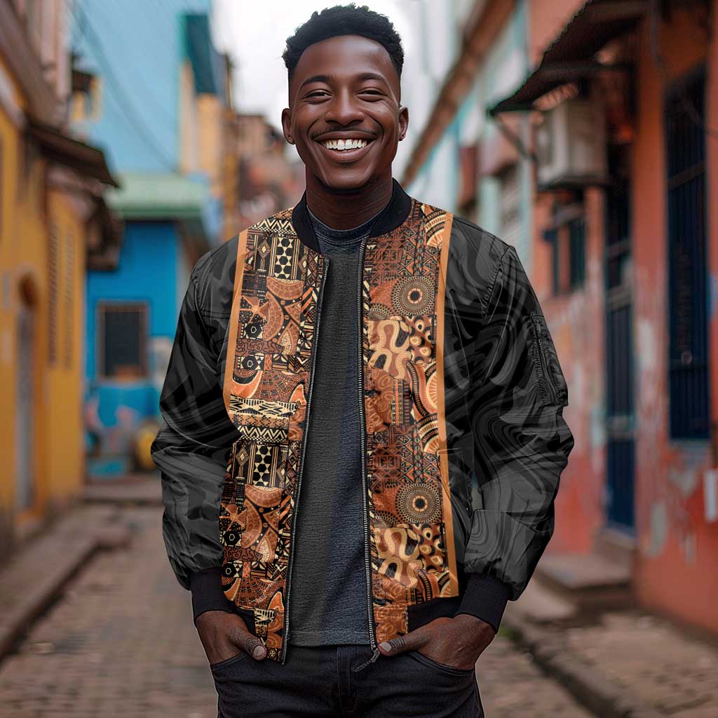 African Tribal Heritage Sleeve Zip Bomber Jacket Earth Tone Pattern