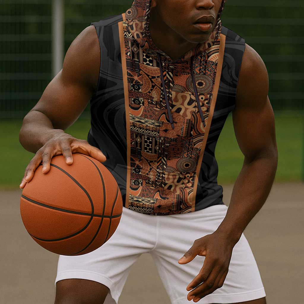 African Tribal Heritage Sleeveless Hoodie Earth Tone Pattern