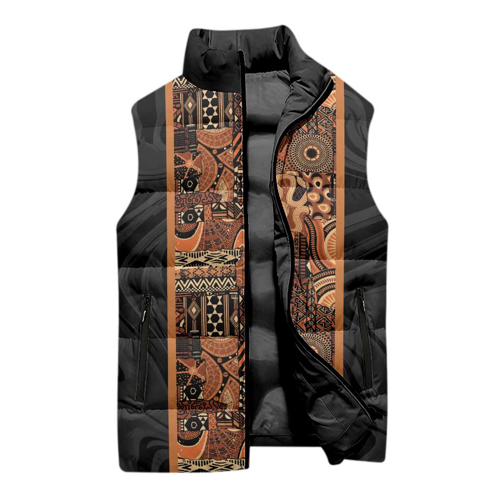 African Tribal Heritage Sleeveless Puffer Jacket Earth Tone Pattern