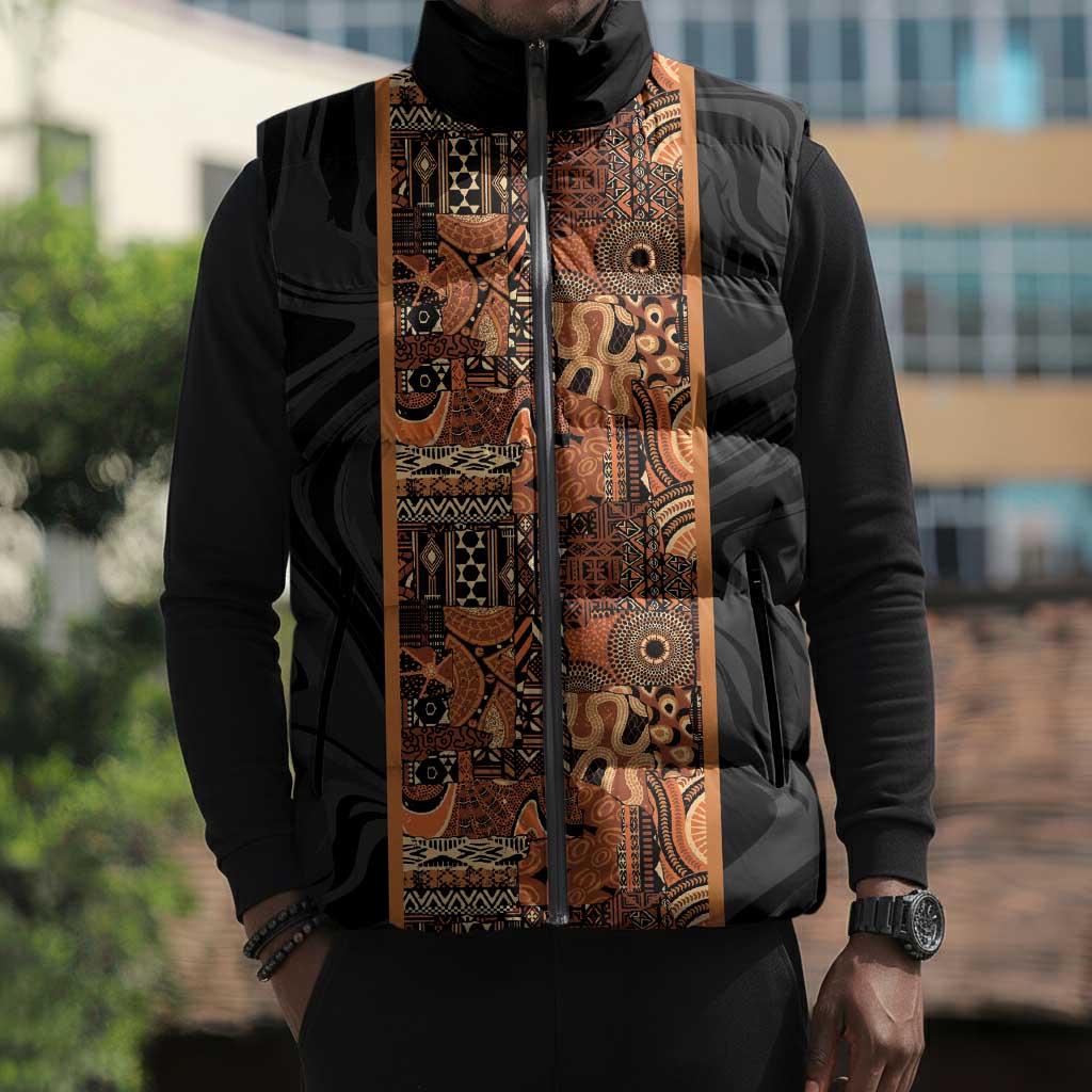 African Tribal Heritage Sleeveless Puffer Jacket Earth Tone Pattern