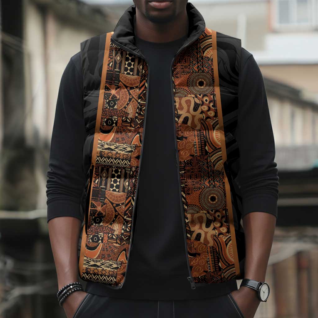 African Tribal Heritage Sleeveless Puffer Jacket Earth Tone Pattern