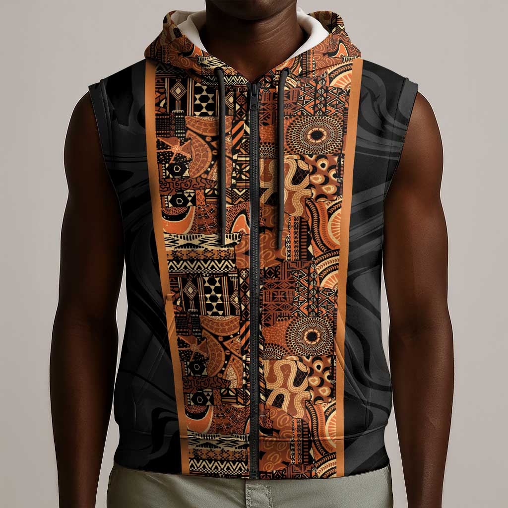 African Tribal Heritage Sleeveless Zip Hoodie Earth Tone Pattern