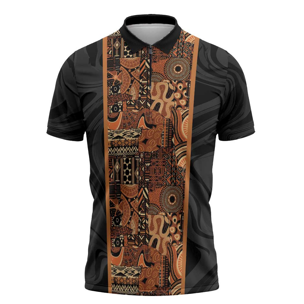 African Tribal Heritage Zipper Polo Shirt Earth Tone Pattern