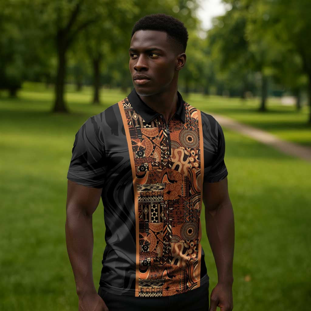 African Tribal Heritage Zipper Polo Shirt Earth Tone Pattern