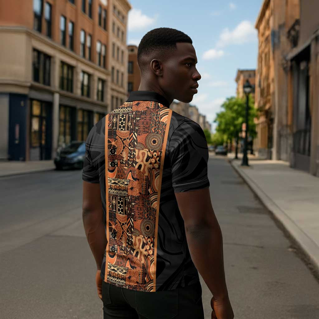 African Tribal Heritage Zipper Polo Shirt Earth Tone Pattern