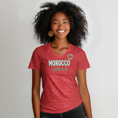 Custom Morocco Football Women V-Neck T-Shirt Allez les Lions de lAtlas