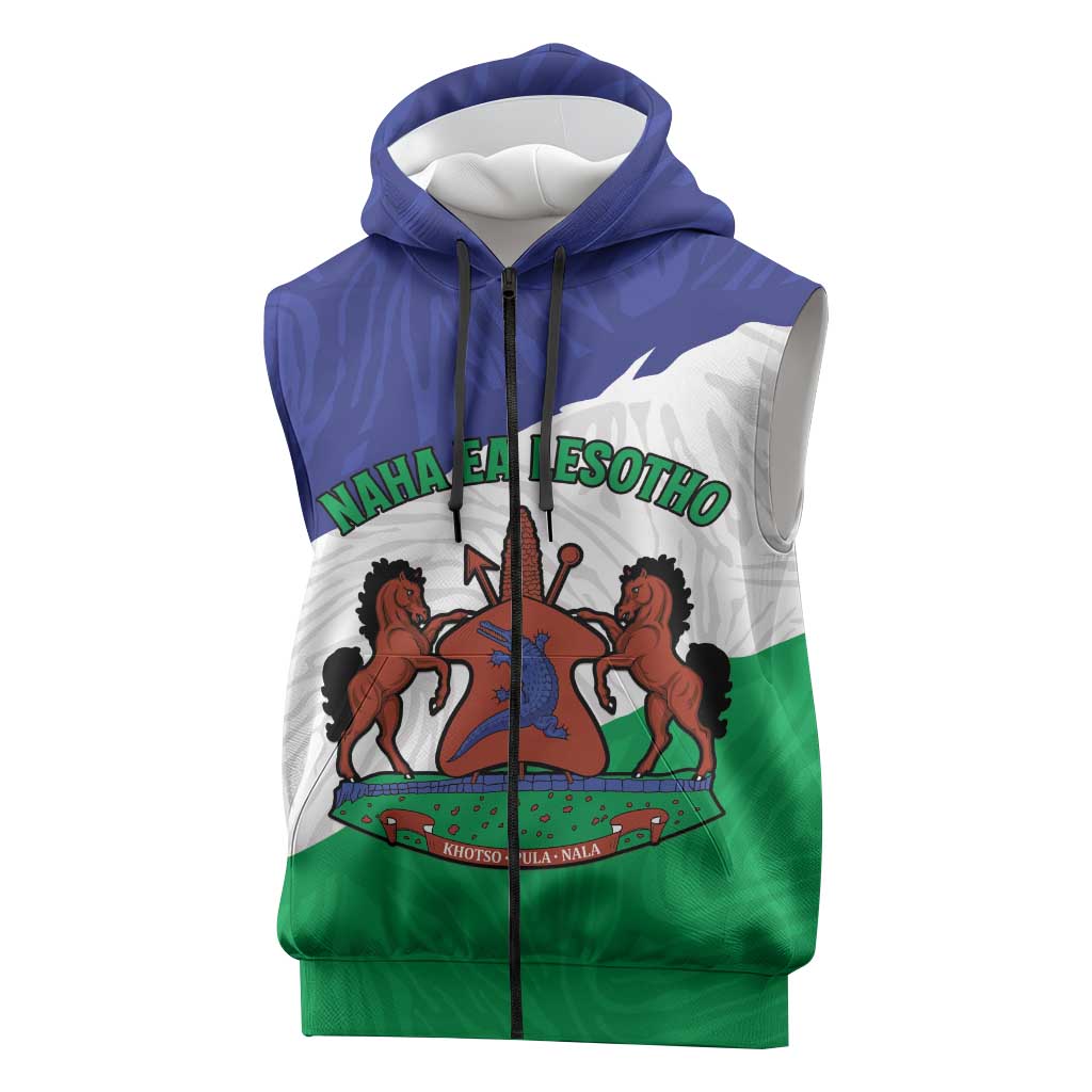 Personalised Afro Lesotho Sleeveless Zip Hoodie Coat Of Arms With Map - Grunge Style - African Pride