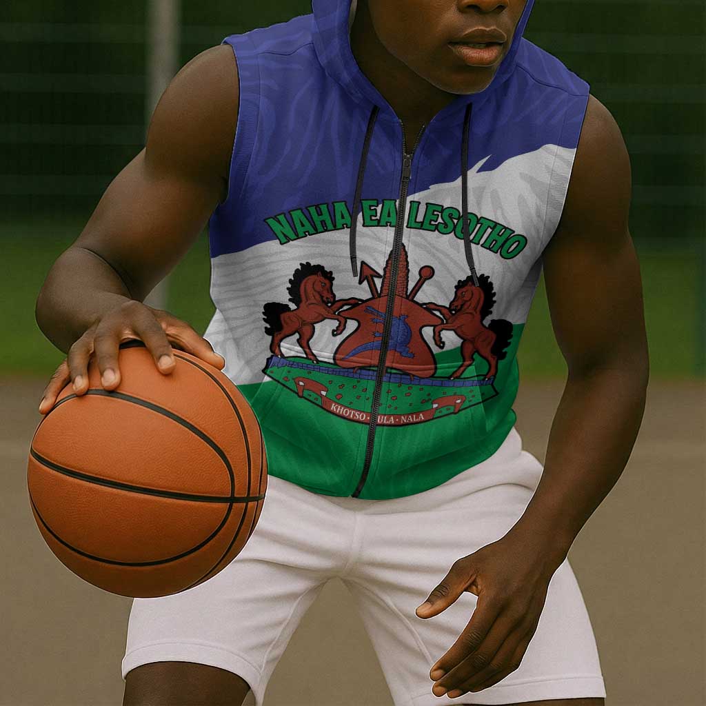Personalised Afro Lesotho Sleeveless Zip Hoodie Coat Of Arms With Map - Grunge Style - African Pride