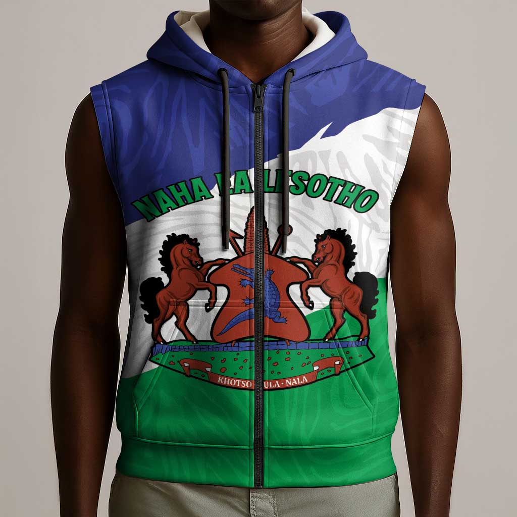 Personalised Afro Lesotho Sleeveless Zip Hoodie Coat Of Arms With Map - Grunge Style - African Pride