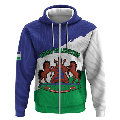 Personalised Afro Lesotho Zip Hoodie Coat Of Arms With Map - Grunge Style