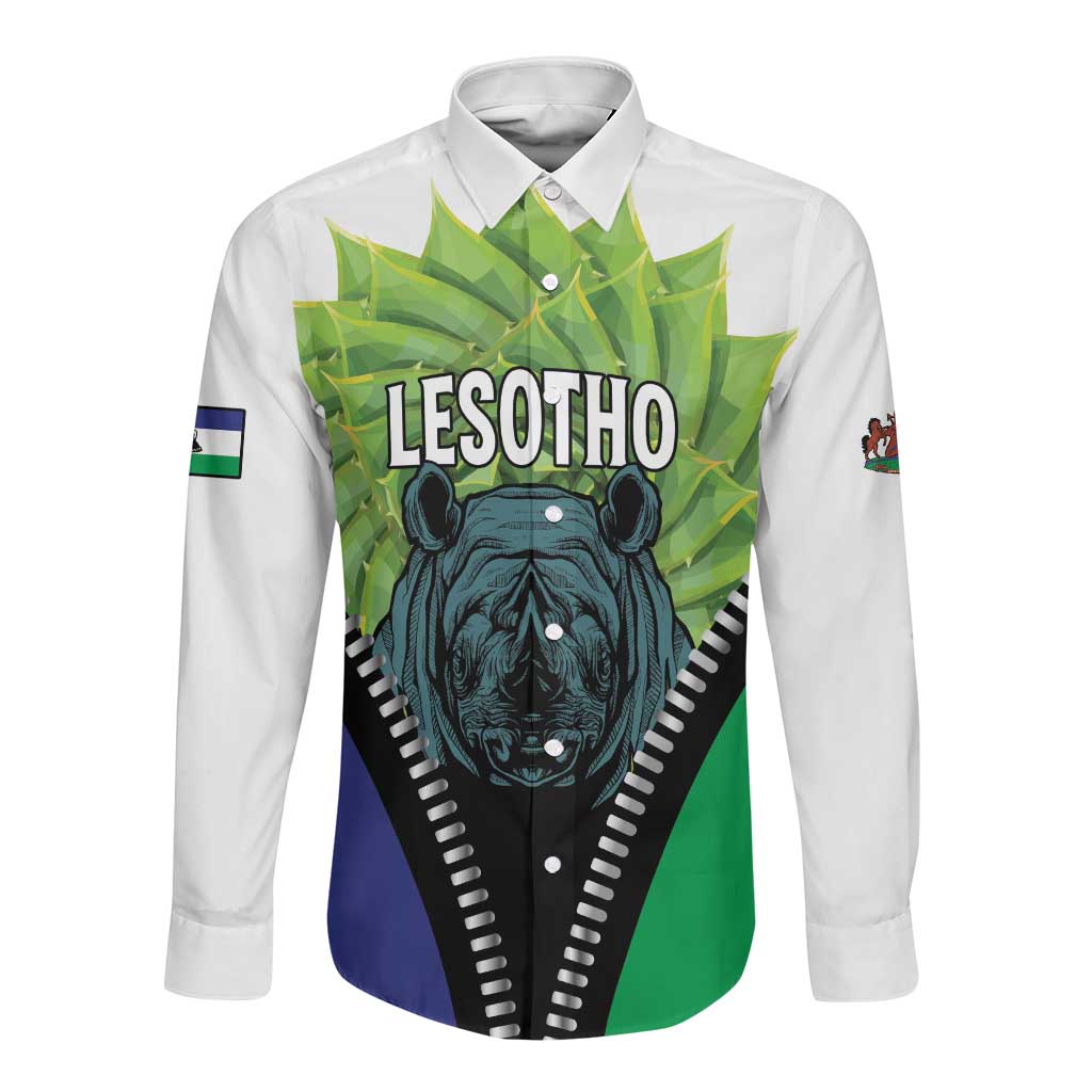 Personalised Afro Lesotho Long Sleeve Button Shirt Black Rhinoceros Aloe Polyphylla LT15