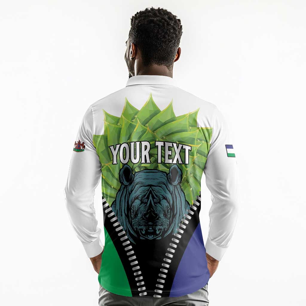 Personalised Afro Lesotho Long Sleeve Polo Shirt Black Rhinoceros Aloe Polyphylla LT15