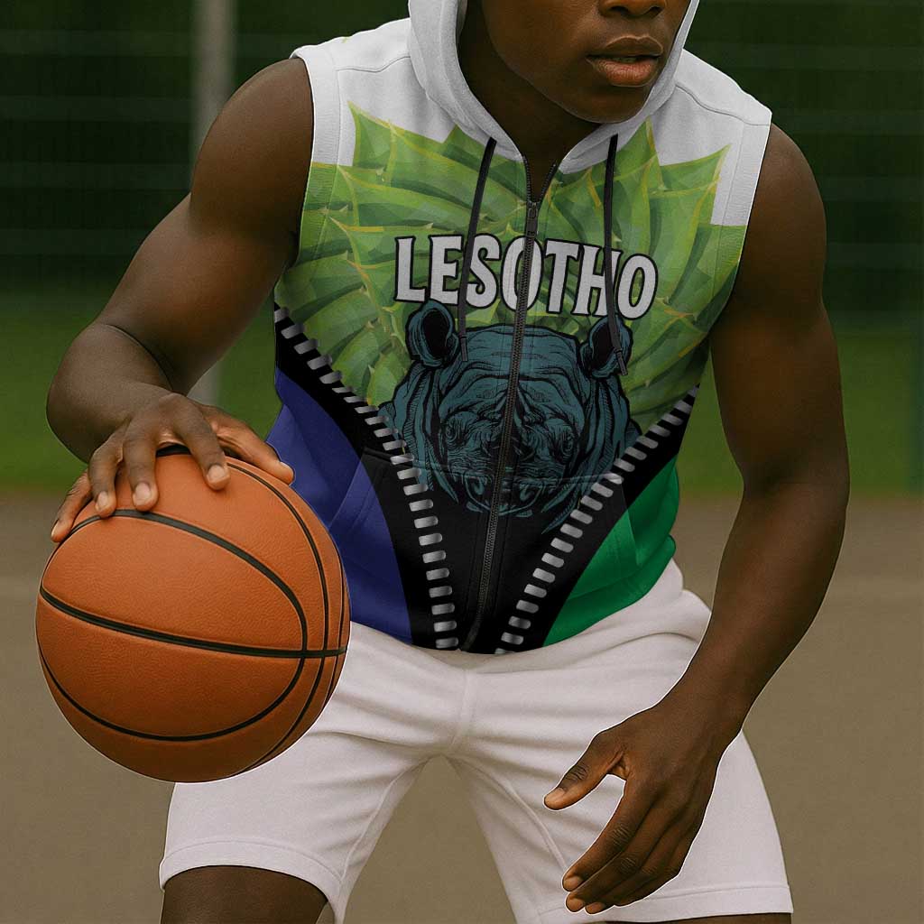 Personalised Afro Lesotho Sleeveless Zip Hoodie Black Rhinoceros Aloe Polyphylla - African Pride