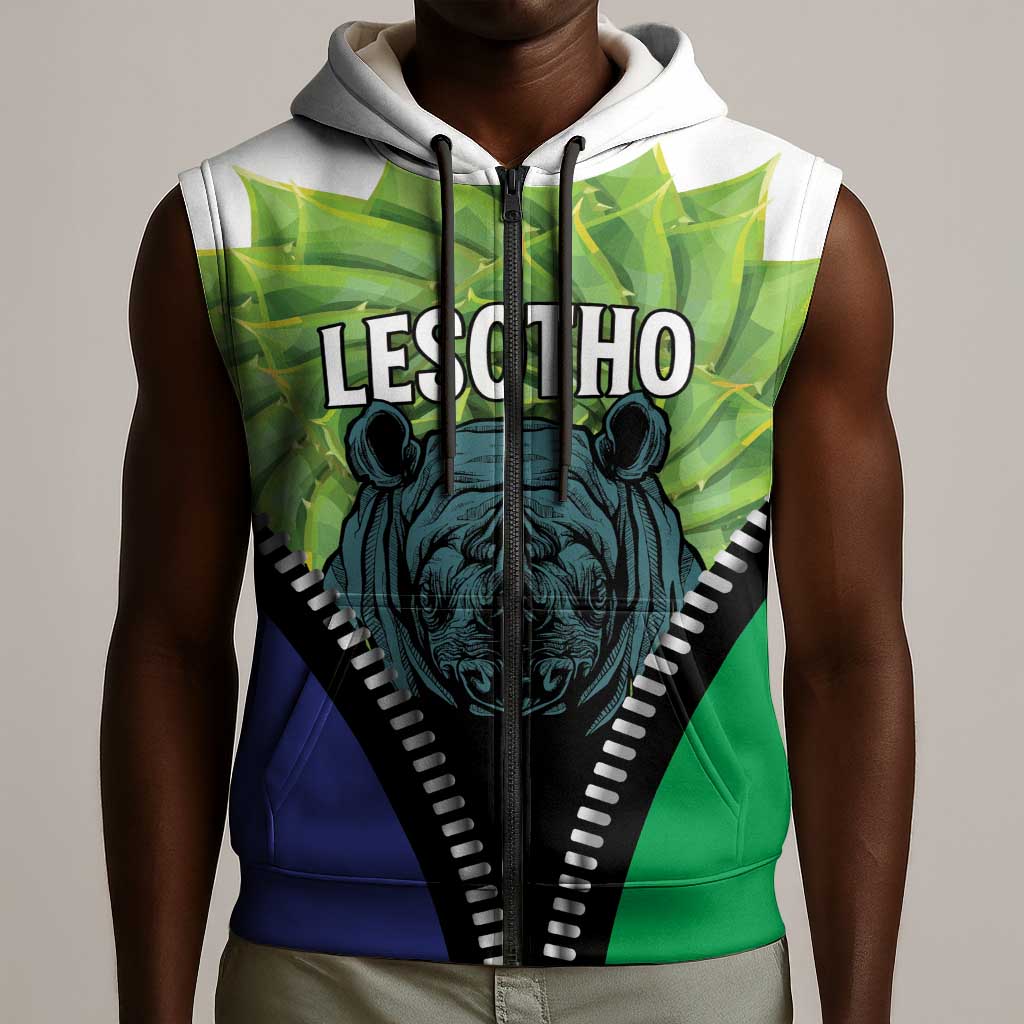 Personalised Afro Lesotho Sleeveless Zip Hoodie Black Rhinoceros Aloe Polyphylla - African Pride