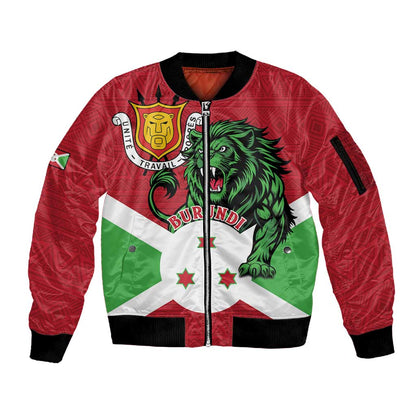 Personalized Jamhuri ya Burundi Sleeve Zip Bomber Jacket Lion With Coat Of Arms - Flag Style