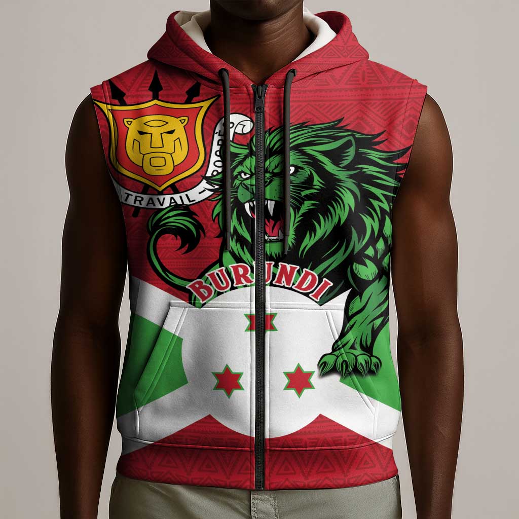 Personalized Jamhuri ya Burundi Sleeveless Zip Hoodie Lion With Coat Of Arms - Flag Style - African Pride