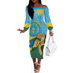 Personalized Happy Rwanda Independence Day Off The Shoulder Long Sleeve Dress Coat Of Arms With Map