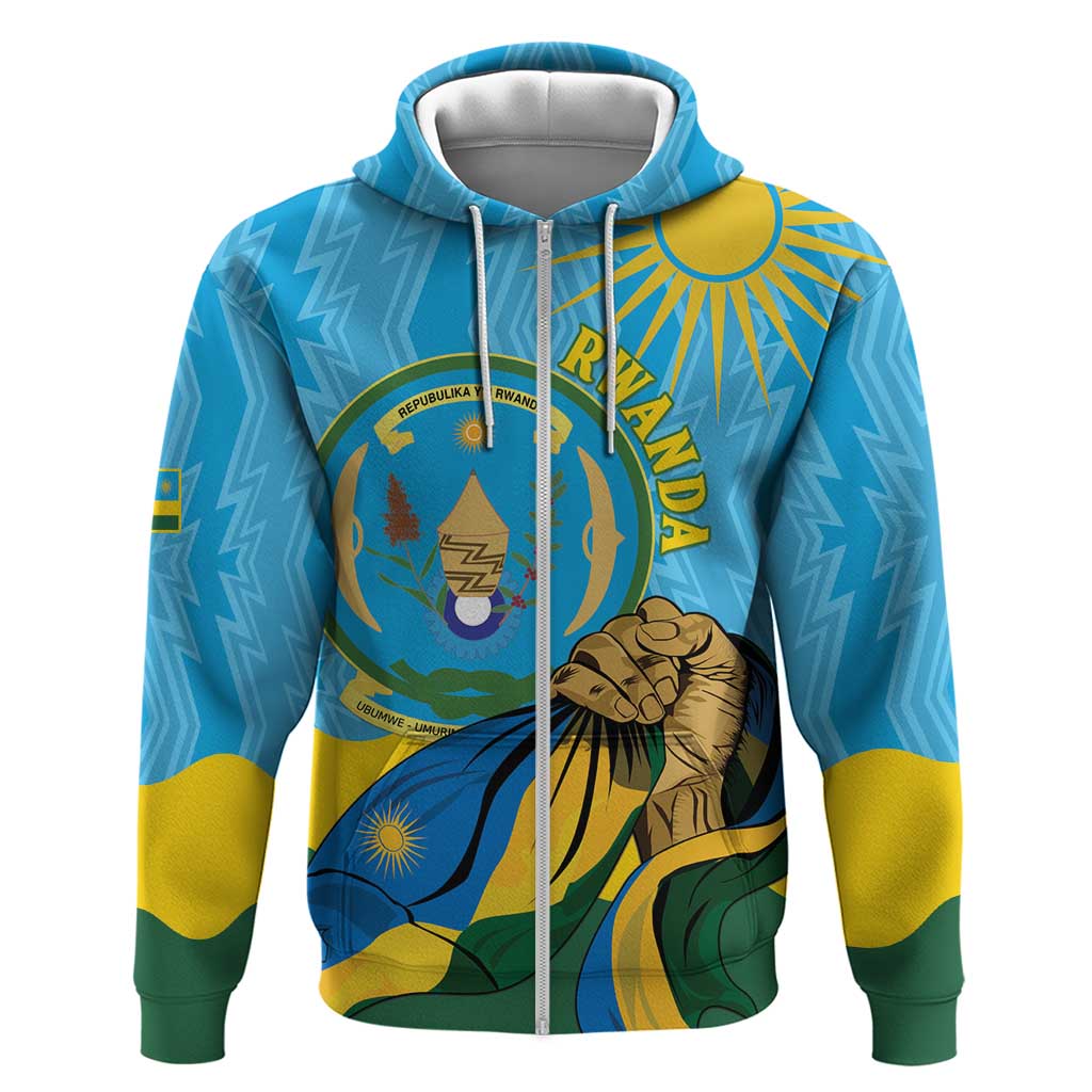 Personalized Happy Rwanda Independence Day Zip Hoodie Coat Of Arms With Map