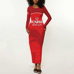 Custom Tunisia Football Long Sleeve Bodycon Dress Eagles of Carthage Go Champion - Red Color - African Pride