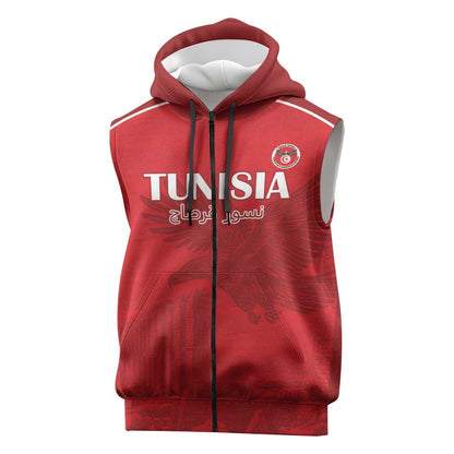 Custom Tunisia Football Sleeveless Zip Hoodie Eagles of Carthage Go Champion - Red Color - African Pride