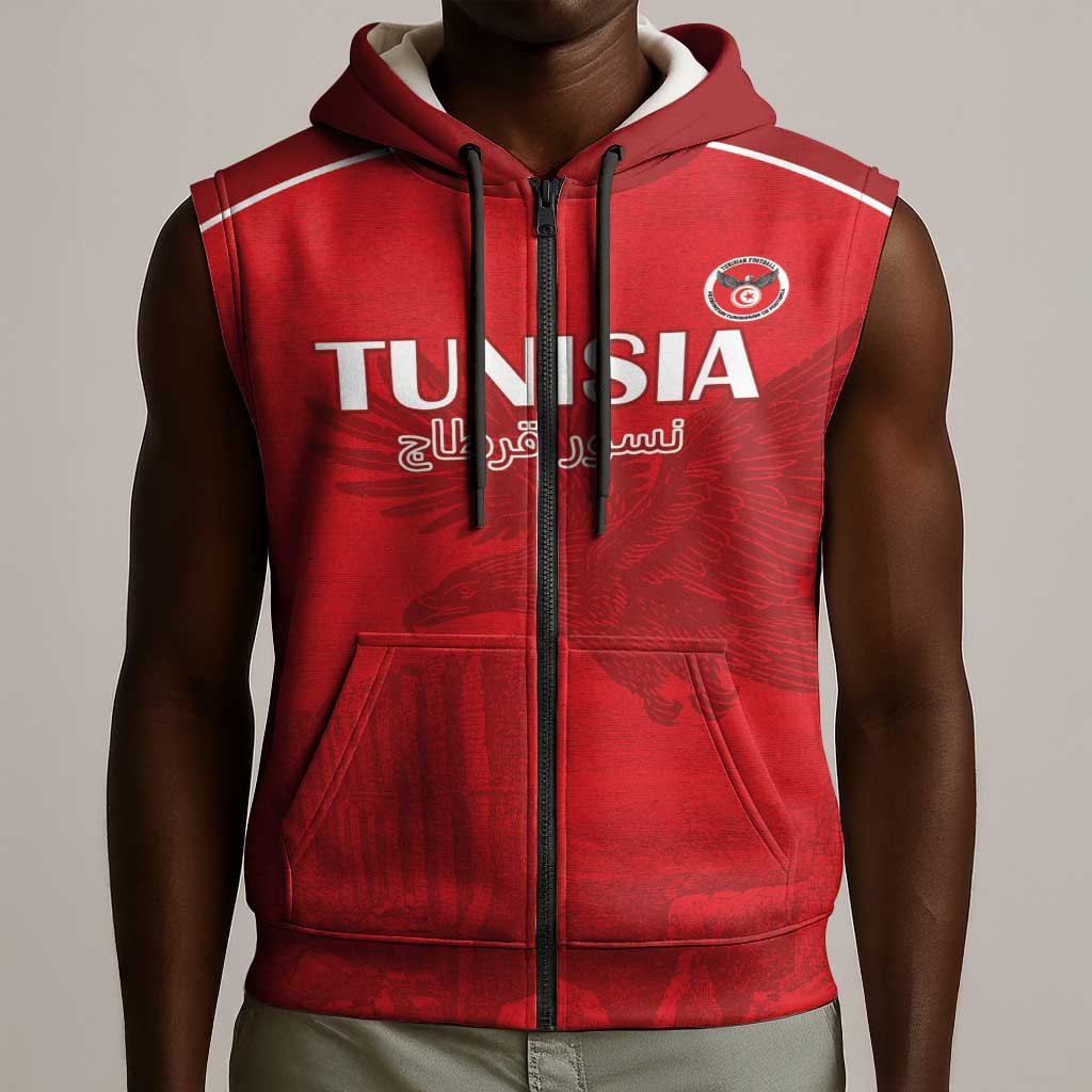Custom Tunisia Football Sleeveless Zip Hoodie Eagles of Carthage Go Champion - Red Color - African Pride