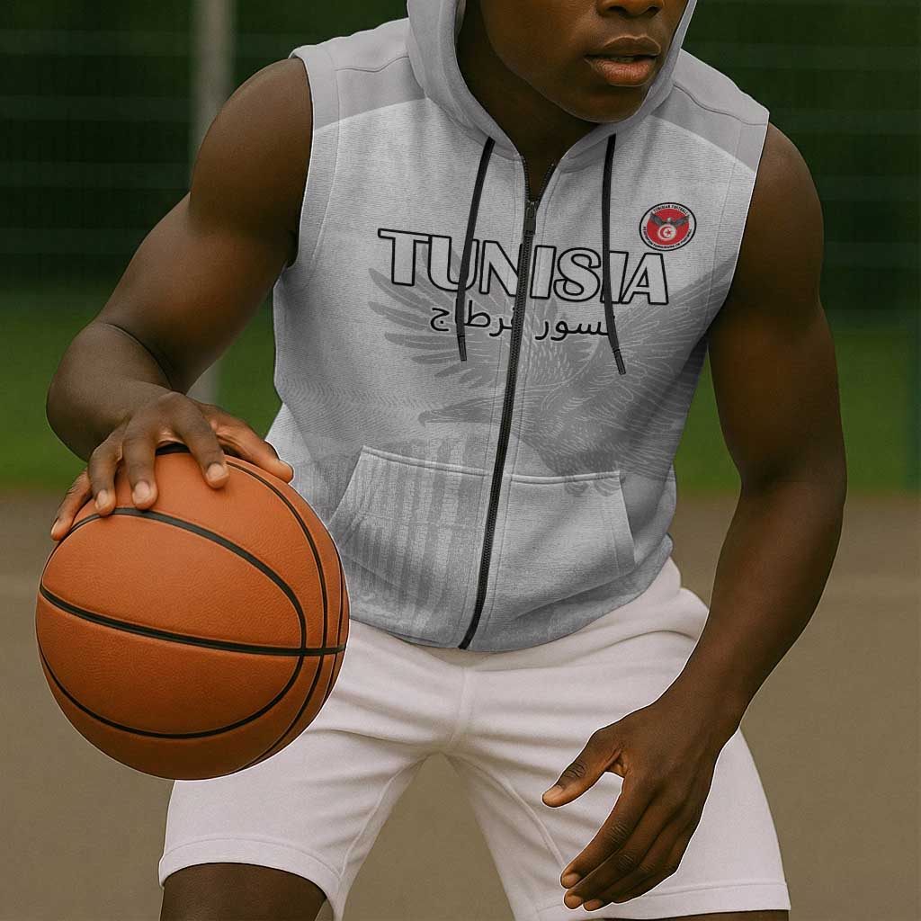 Custom Tunisia Football Sleeveless Zip Hoodie Eagles of Carthage Go Champion - White Color - African Pride