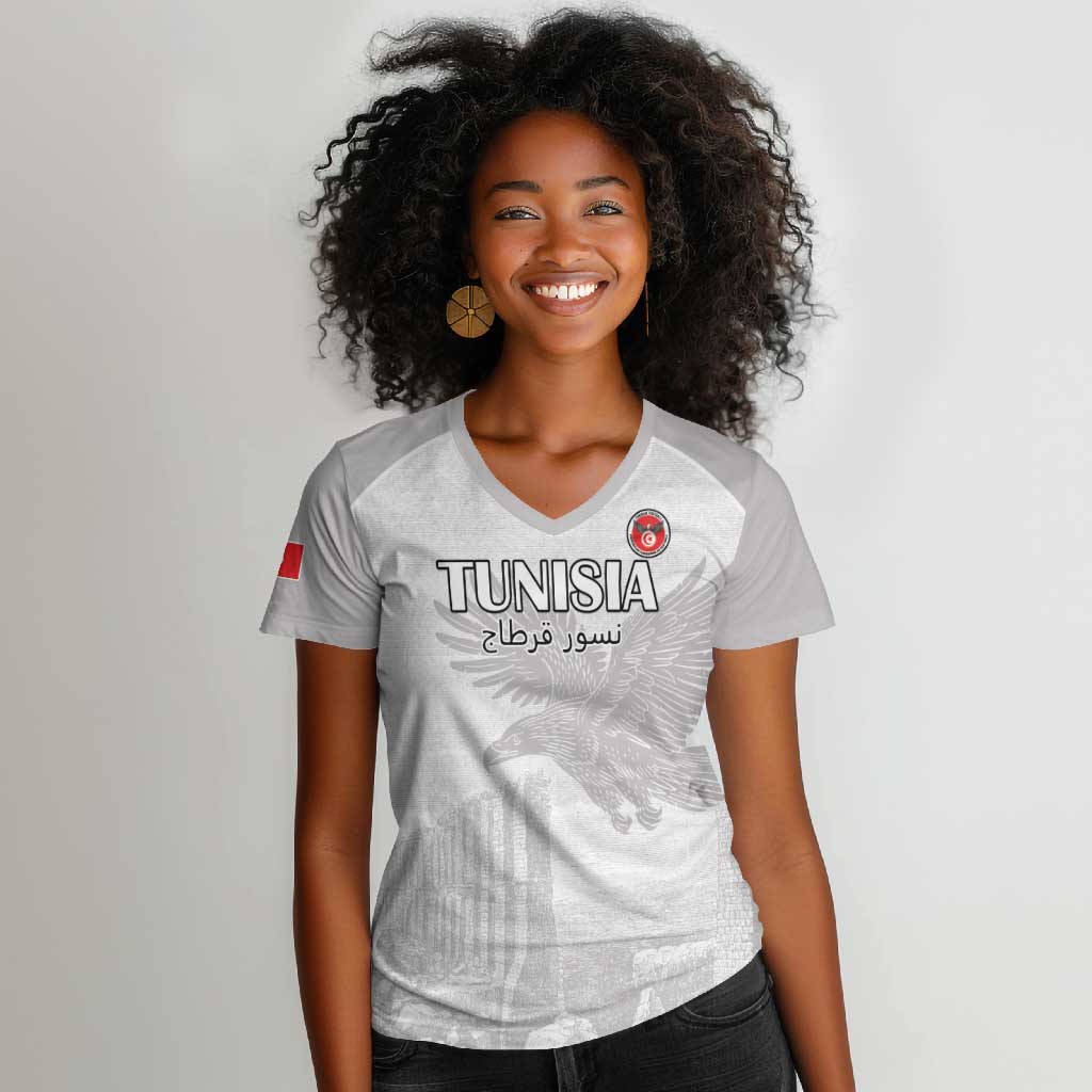 Custom Tunisia Football Women V-Neck T-Shirt Eagles of Carthage Go Champion - White Color - African Pride