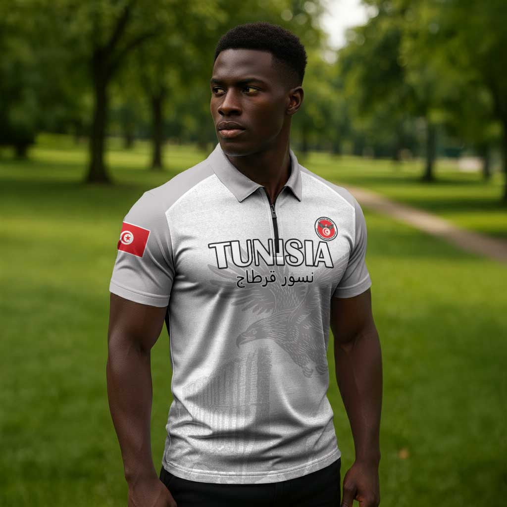 Custom Tunisia Football Zipper Polo Shirt White Eagles of Carthage