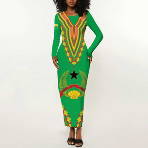 Personalised Afro Guinea Bissau Long Sleeve Bodycon Dress Dashiki With Coat Of Arms