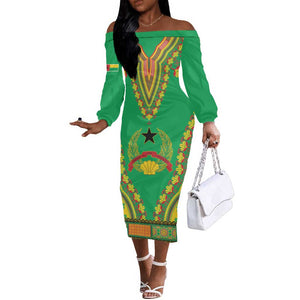 Personalised Afro Guinea Bissau Off The Shoulder Long Sleeve Dress Dashiki With Coat Of Arms