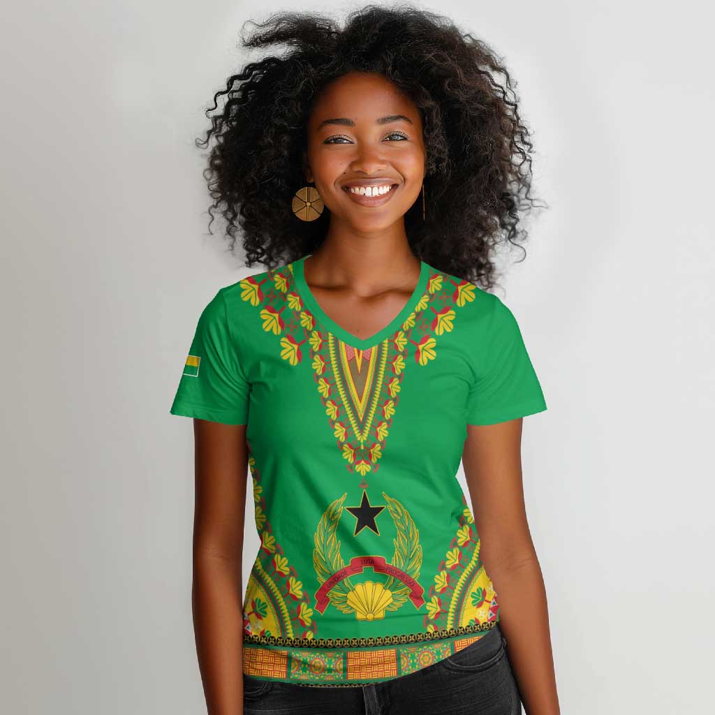 Personalised Afro Guinea Bissau Women V-Neck T-Shirt Dashiki With Coat Of Arms