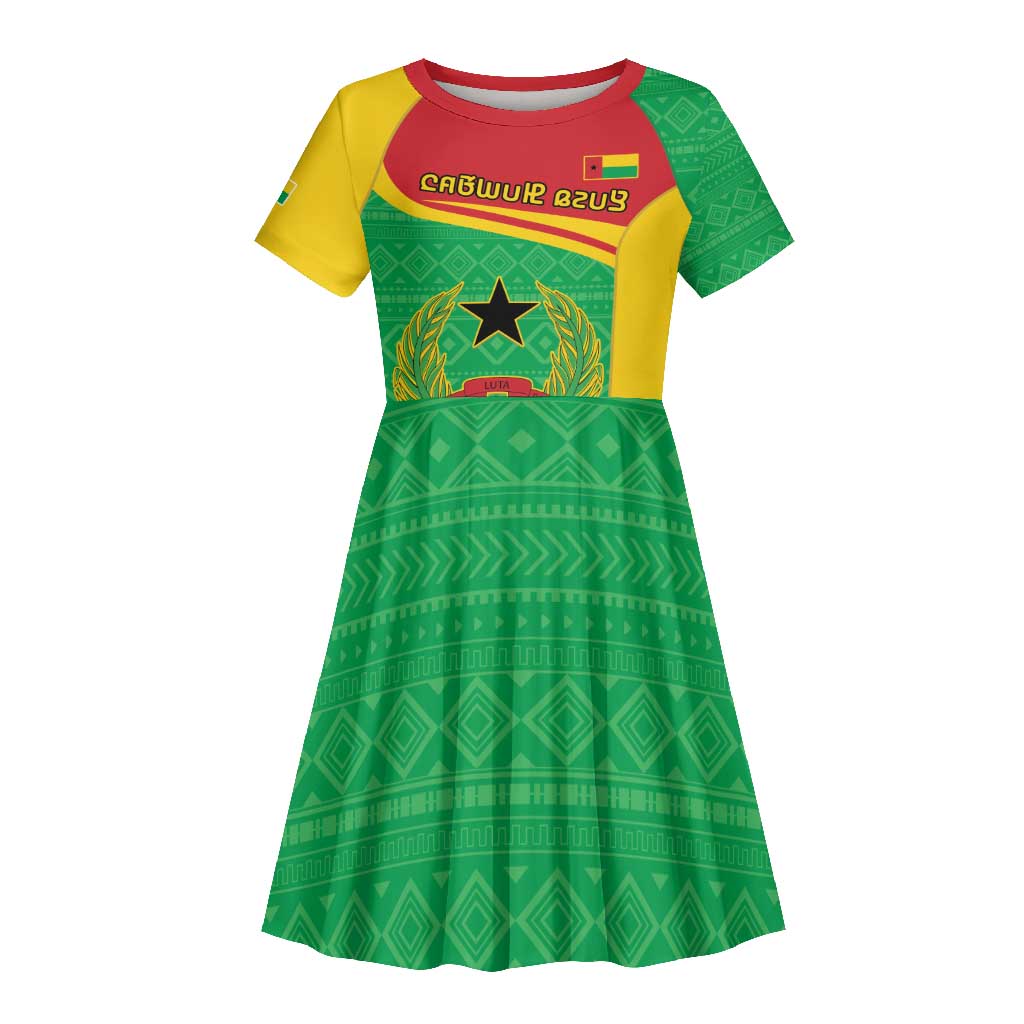 Personalised Afro Guinea Bissau Kid Short Sleeve Dress Coat Of Arms Mix African Pattern