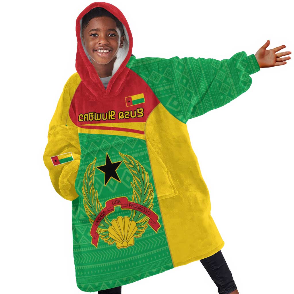 Personalised Afro Guinea Bissau Kid Wearable Blanket Hoodie Coat Of Arms Mix African Pattern