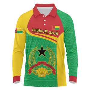 Personalised Afro Guinea Bissau Long Sleeve Polo Shirt Coat Of Arms Mix African Pattern