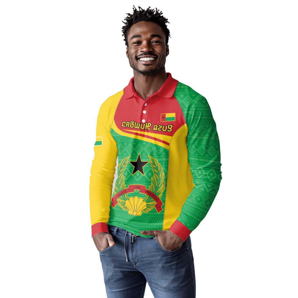 Personalised Afro Guinea Bissau Long Sleeve Polo Shirt Coat Of Arms Mix African Pattern